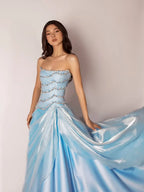 Cocoslly Strapless Sleeveless High Waist Long Prom Dress With Rhinstone And Beading Pearls | Baby Blue Satin LR0577