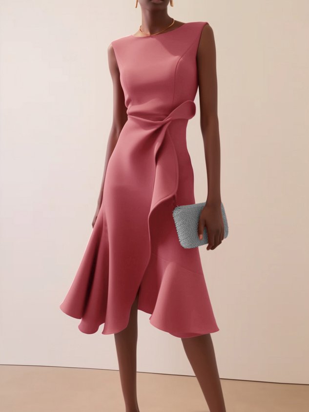 Apricot White Sleeveless Midi Elegant A-line Dress with Waist Twist for Day-to-Night