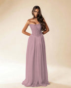 Strapless Sleeveless Long Pleated A-Line Prom Dress With Beadings And Rhinstone YK0781
