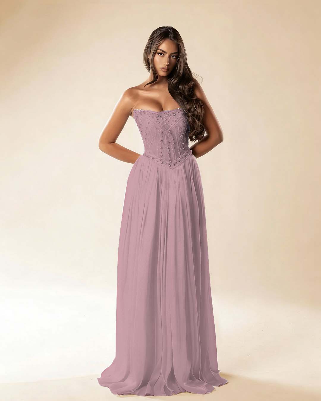 Strapless Sleeveless Long Pleated A-Line Prom Dress With Beadings And Rhinstone YK0781