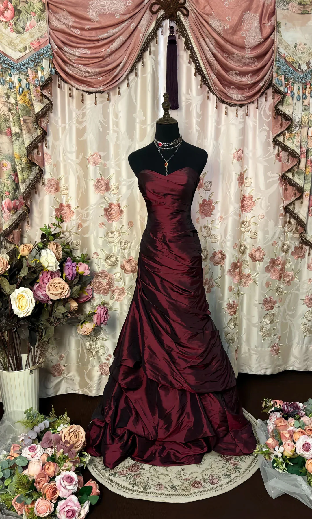 Cocoslly Strapless Sweetheart Sleeveless High Waist Long A Line Prom Dress With Ruffles | Black Red Satin PRD0034