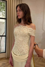Cocoslly Off-The-Shoulder Sleeveless High Waist Long Prom Dress With Sequins | Ivory Lace And Satin LR0081