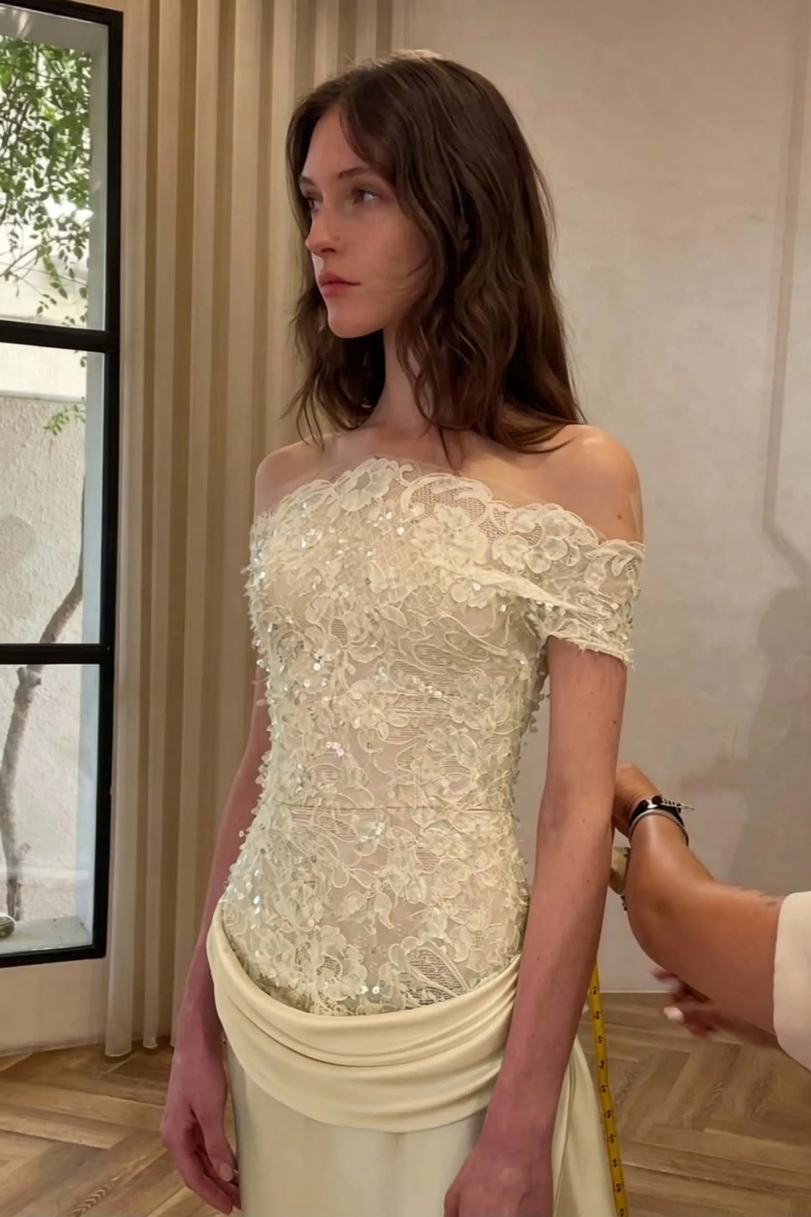Cocoslly Off-The-Shoulder Sleeveless High Waist Long Prom Dress With Sequins | Ivory Lace And Satin LR0081