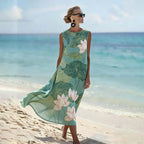 Vintage Lotus Art Pattern Linen Blend Loose Vest Dress