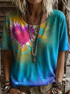 Women's Retro Colorful Heart Tie-dye Art Print Casual Short-sleeve Crew Neck T-shirt