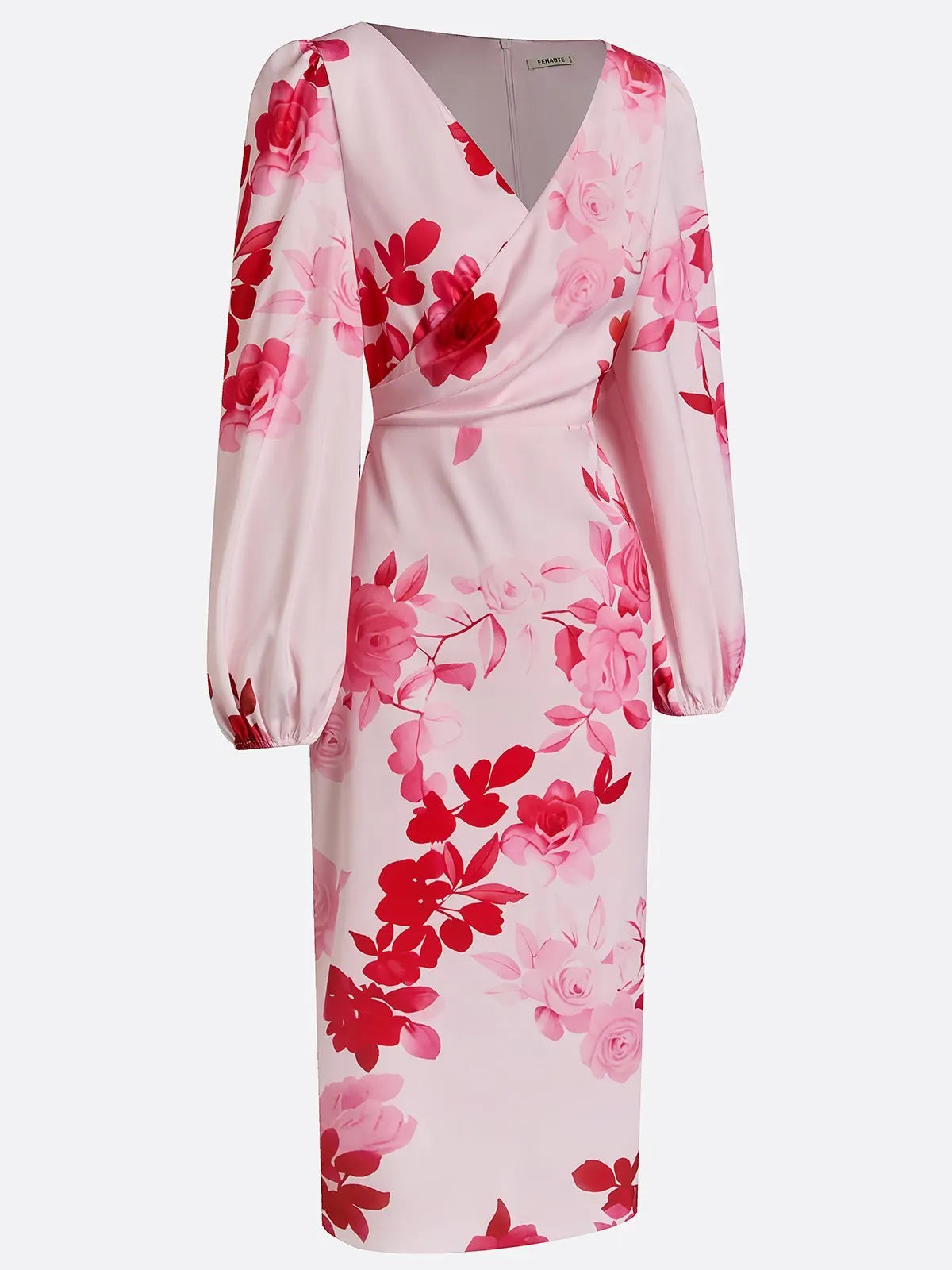 Pink Floral Satin V Neck Long Sleeve Balloon Sleeve Sheath Midi Dress