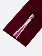 Wine Red Faux Pearl Velvet Boat Neck Half Sleeve Sheath Midi Dress