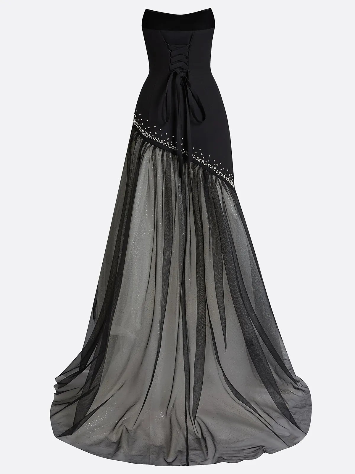 Black Hot Drilling Classic Tulle Strapless Sleeveless A-Line Gown Dress