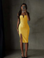 Spandex V-Neck Strapless Sleeveless Sheath Prom Dress With Buttons And Split YK0693