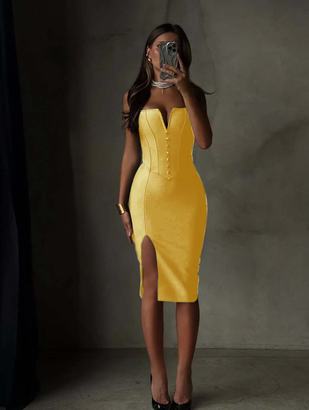 Spandex V-Neck Strapless Sleeveless Sheath Prom Dress With Buttons And Split YK0693