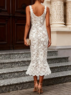 White Lace Sweetheart Neckline Sleeveless Mermaid Midi Dress