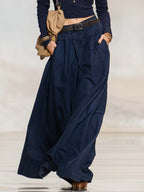Retro Casual Navy V-Neck Henley Long-Sleeve Tee And Pleated Wide-Leg Cotton Pants Set