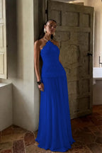 Cocoslly Halter Sleeveless High Waist Long Prom Dress With Appliques | White Chiffon YC0560