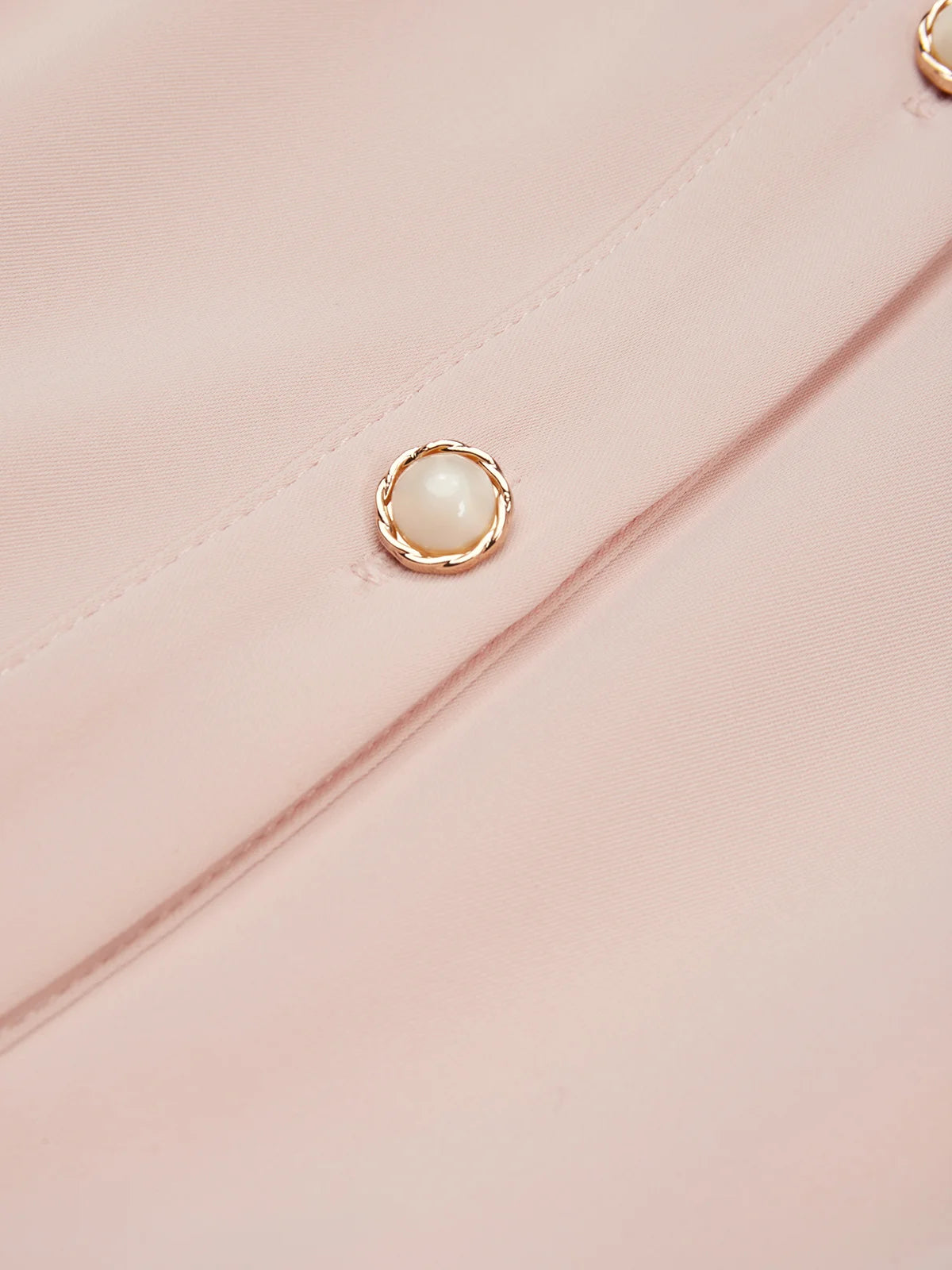 Pink Pleated Classic Shirt Collar Short Sleeve A-Line Midi Dress