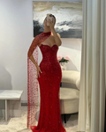Tulle V-Neck Strapless Sleeveless Long Mermaid Prom Dress With Sequins And Ruffles YK0184