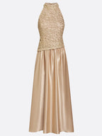 Champagne Lace Satin Halter Crew Neck Sleeveless A-Line Maxi Dress