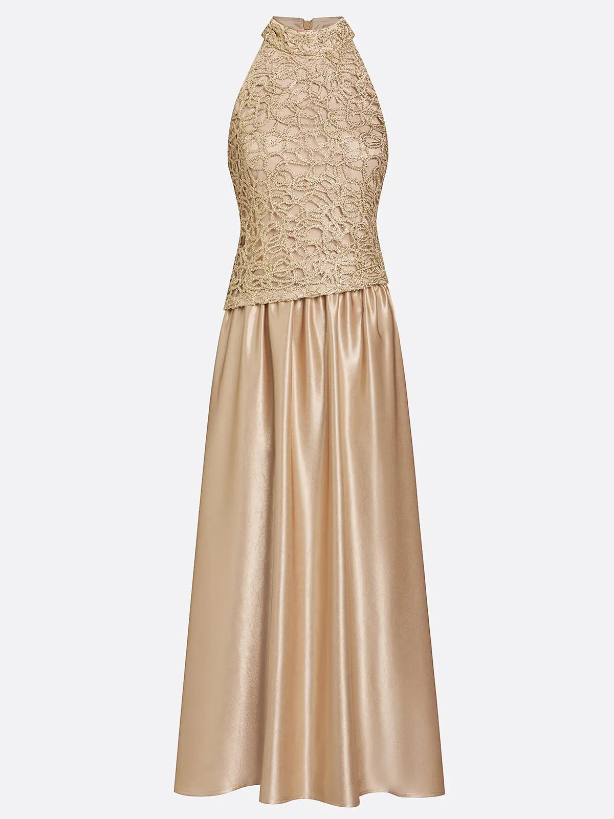 Champagne Lace Satin Halter Crew Neck Sleeveless A-Line Maxi Dress