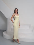 Cocoslly Wide Straps Sleeveless Long Prom Dress With Rhinstone | Cream Yellow Satin CO0071
