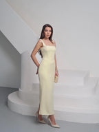 Cocoslly Wide Straps Sleeveless Long Prom Dress With Rhinstone | Cream Yellow Satin CO0071