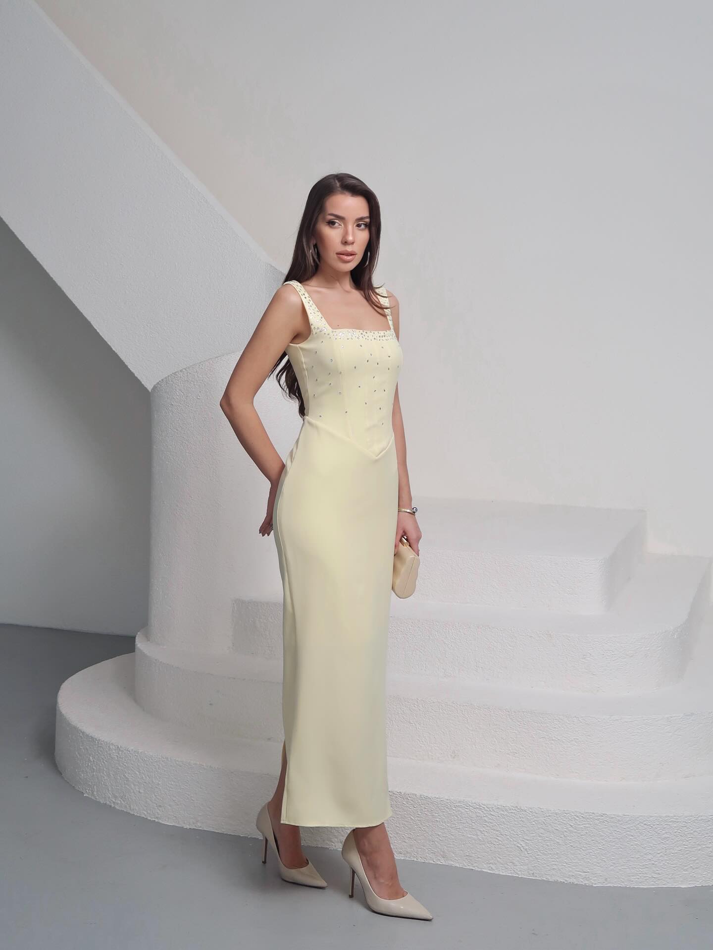 Cocoslly Wide Straps Sleeveless Long Prom Dress With Rhinstone | Cream Yellow Satin CO0071