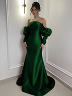Burgundy Satin Strapless Bubble Sleeves Long Mermaid Prom Dress With Pleated YK0710