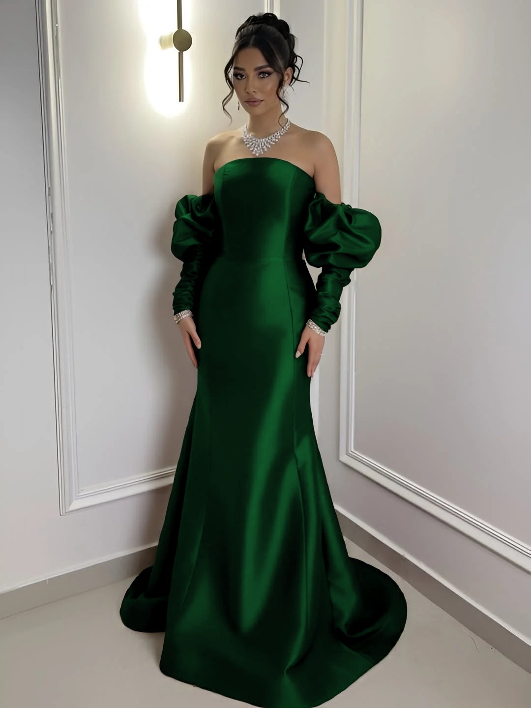 Burgundy Satin Strapless Bubble Sleeves Long Mermaid Prom Dress With Pleated YK0710