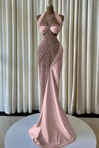 Cocoslly Halter Sleeveless High Waist Long Mermaid Prom Dress With Beading Pearls | Blush Champagne Satin JZ0163