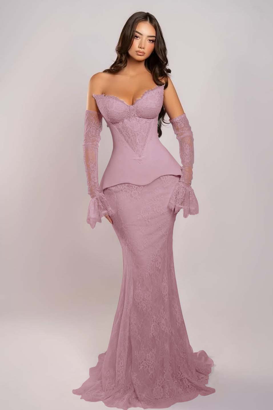 Cocoslly Strapless Sleeveless Long Mermaid Prom Dress With Embroidered And Gloves | Pink Satin And Lace ZA0398