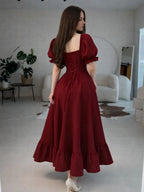 Cocoslly Square Neck Short Sleeves High Waist Long A Line Prom Dress With Ruffles | Burgundy Satin CO0205