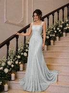 Cocoslly Wide Straps Square Neck Sleeveless High Waist Long Prom Dress With Pleated | Daffodil Chiffon YK1259