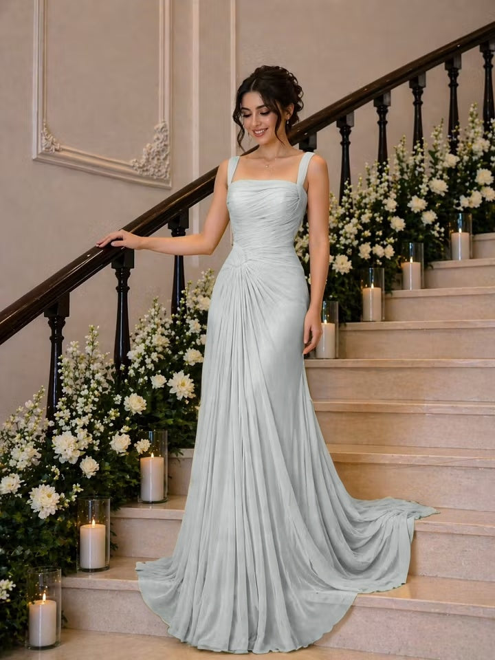 Cocoslly Wide Straps Square Neck Sleeveless High Waist Long Prom Dress With Pleated | Daffodil Chiffon YK1259