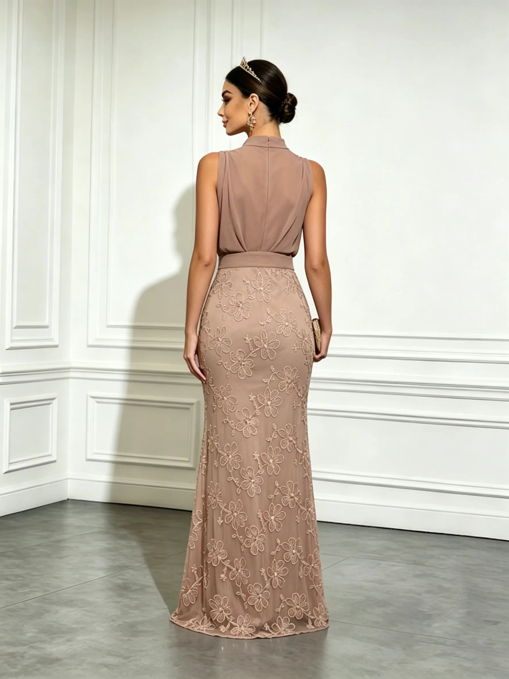 Light Brown Jacquard Ruched Classic Mock Neck Sleeveless Mermaid Gown Dress