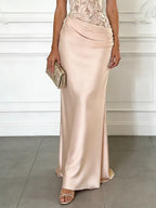 Purplish Blue Embroidery Satin Crew Neck Sleeveless Sheath Gown Dress