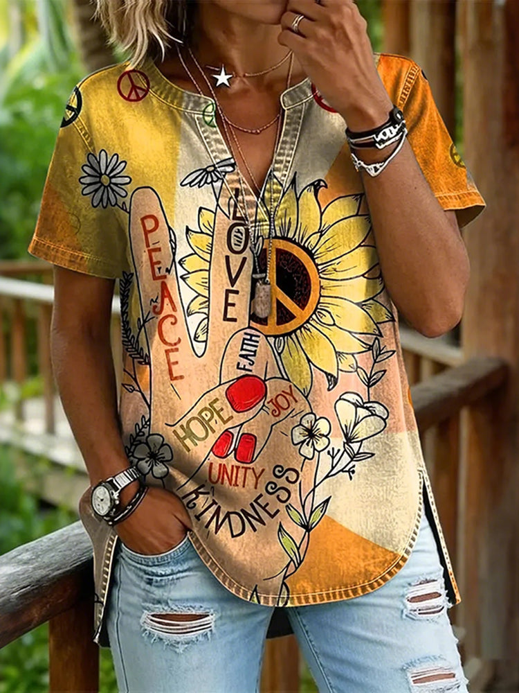 Women's Retro Hippie Sunflower Peace Print V-neck Short Sleeve Blouses