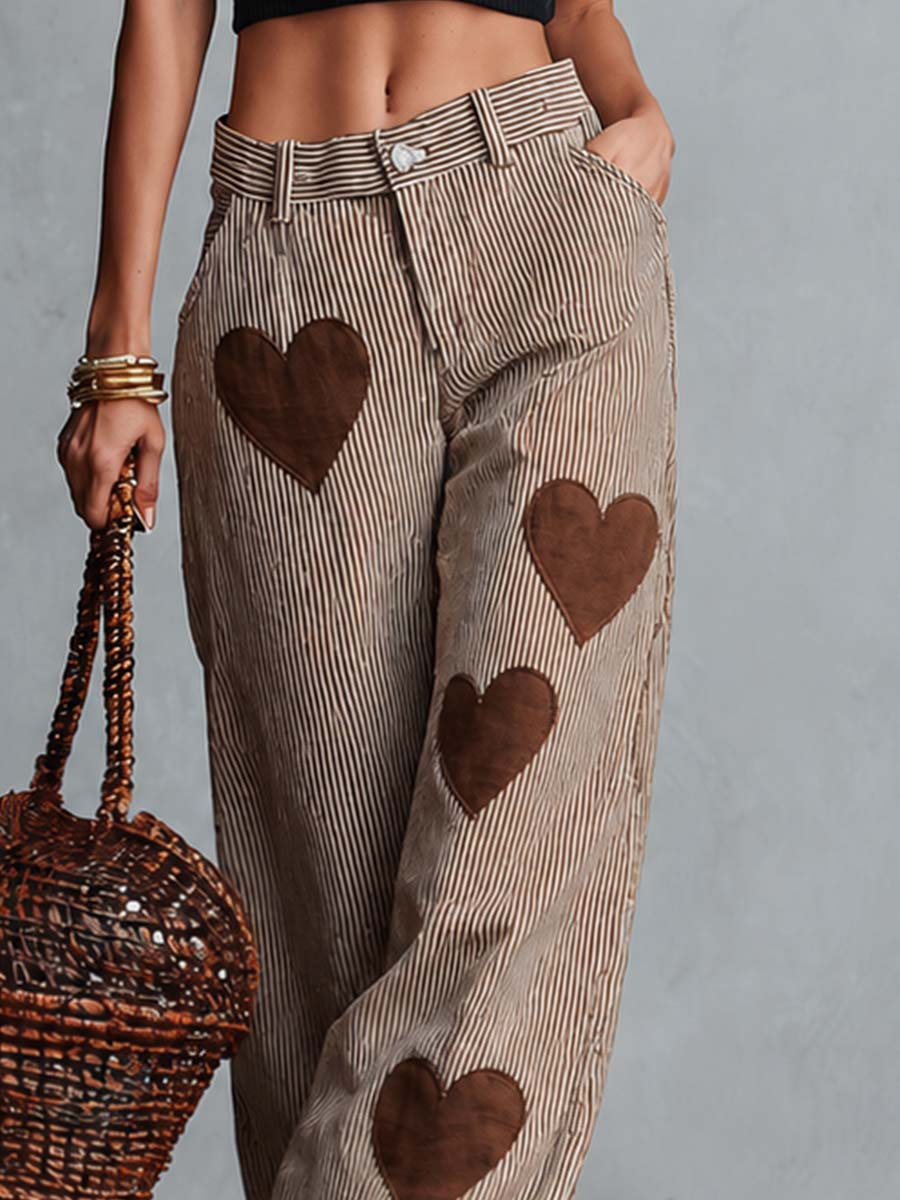 Retro Casual Comfortable Heart Pattern Brown Striped Pants