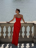 Cocoslly Strapless Sleeveless High Waist Long Prom Dress With Appliques | Pink Satin LX0113