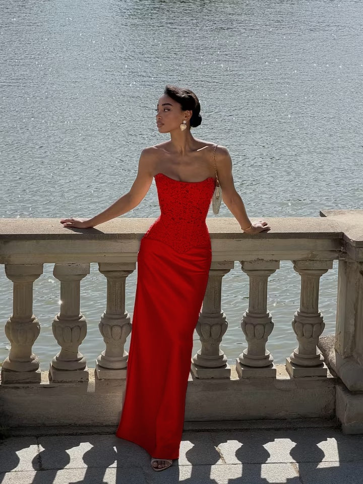 Cocoslly Strapless Sleeveless High Waist Long Prom Dress With Appliques | Pink Satin LX0113