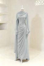 Cocoslly Long Sleeves High Waist Long Prom Dress With Pleated And Beading Pearls | Cabemet Chiffon ZA0710