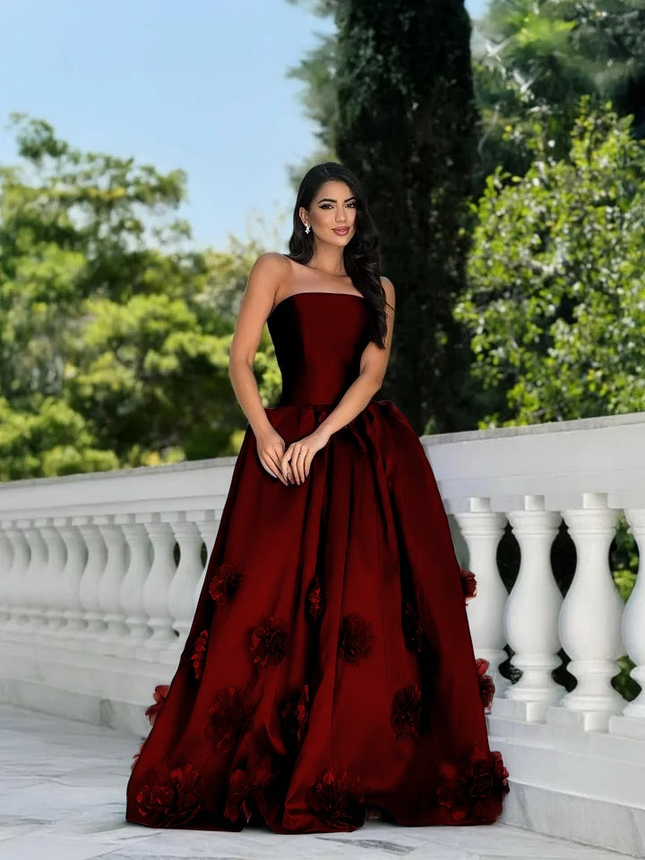 Satin Strapless Sleeveless Long A-Line Prom Dress With Flower Appliques And Pleated YK0617