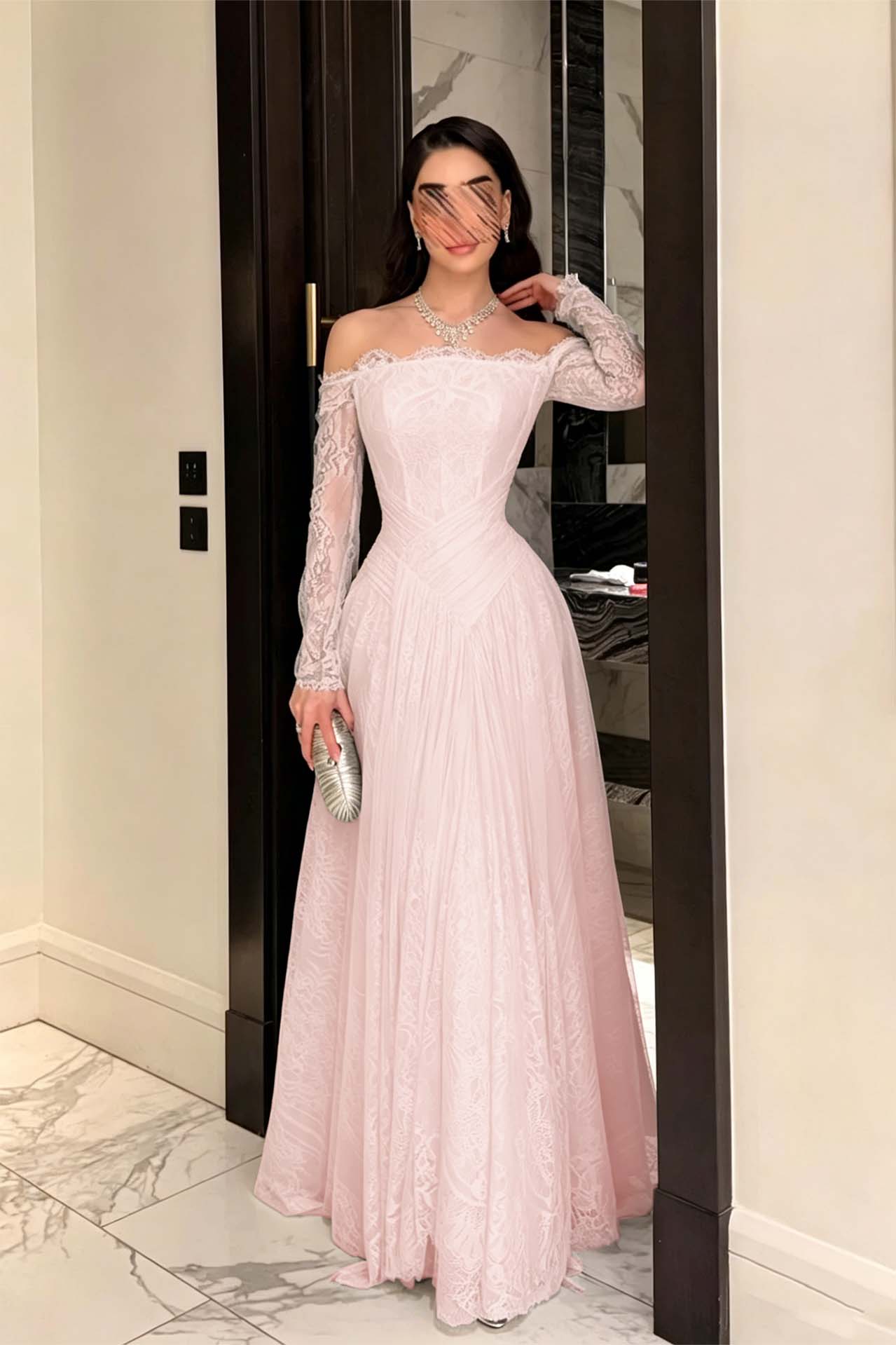 Cocoslly Strapless Long Sleeves High Waist Long Prom Dress With Pleated | Ink Blue Lace YC0488