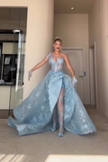 Cocoslly Spaghetti Straps Sleeveless High Waist Long Prom Dress With Split And Gloves | Baby Blue Lace CO0154