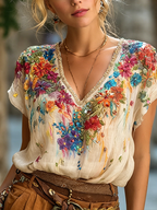 Colorful Floral Pattern Retro Casual Linen T-shirt