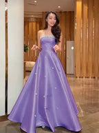 Cocoslly Strapless Sleeveless High Waist Long A Line Prom Dress With Rhinstone | Navy Blue Satin JZ0146