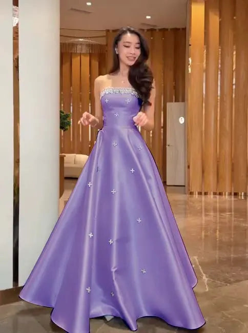 Cocoslly Strapless Sleeveless High Waist Long A Line Prom Dress With Rhinstone | Navy Blue Satin JZ0146