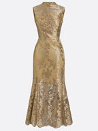 Golden Jacquard Lace Mock Neck Sleeveless Mermaid Midi Dress