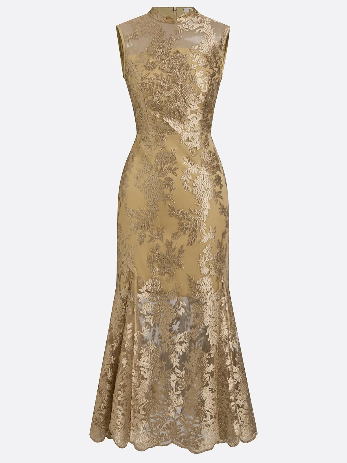 Golden Jacquard Lace Mock Neck Sleeveless Mermaid Midi Dress