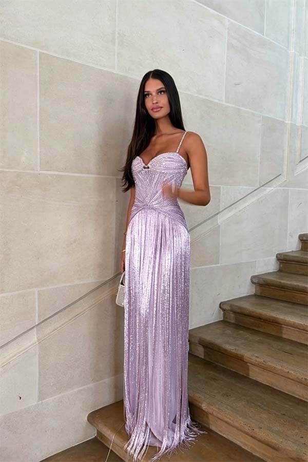 Cocoslly Spaghetti Straps Sleeveless High Waist Long Prom Dress With Tassel And Rhinstone | Champage Chiffon WQ0759