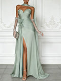 Green 3D Floral Tulle Strapless Sleeveless A-Line Floor-length Gown Dress