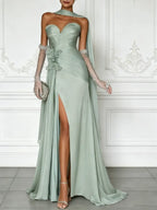 Green 3D Floral Tulle Strapless Sleeveless A-Line Floor-length Gown Dress