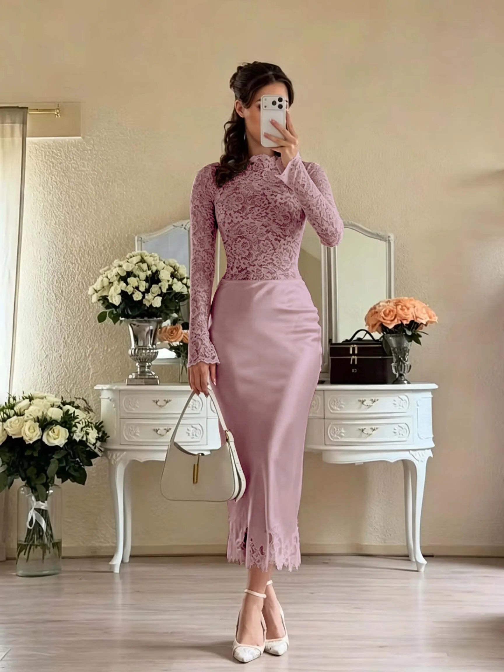 Cocoslly Long Sleeves High Waist Long Mermaid Prom Dress | White Lace And Satin JZ0165